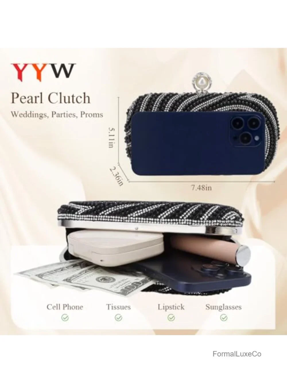 Beaded Pearl Clutch Purse Faux Leather Bridal Evening Bag with Detachable Chain